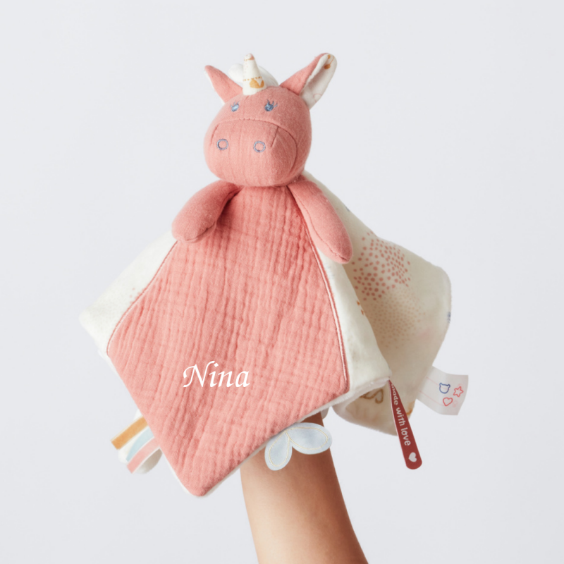  - lina et joy - mousseline coton licorne rose 25 cm 